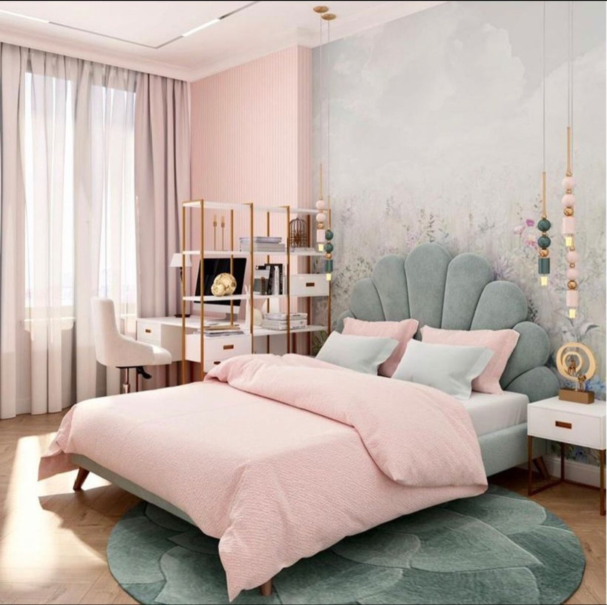 Phòng ngủ màu hồng – xanh cho bé gái cá tính