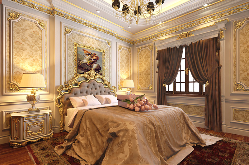 Phòng ngủ master màu vàng với chi tiết cầu kỳ.